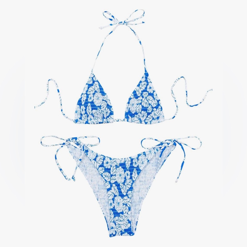 Soly Hux Blue Floral Tie-Side Triangle Bikini – Size Small